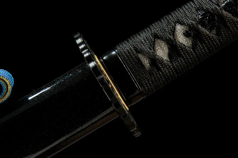 Black Edge Katana fuchi, alloy handle collar closeup