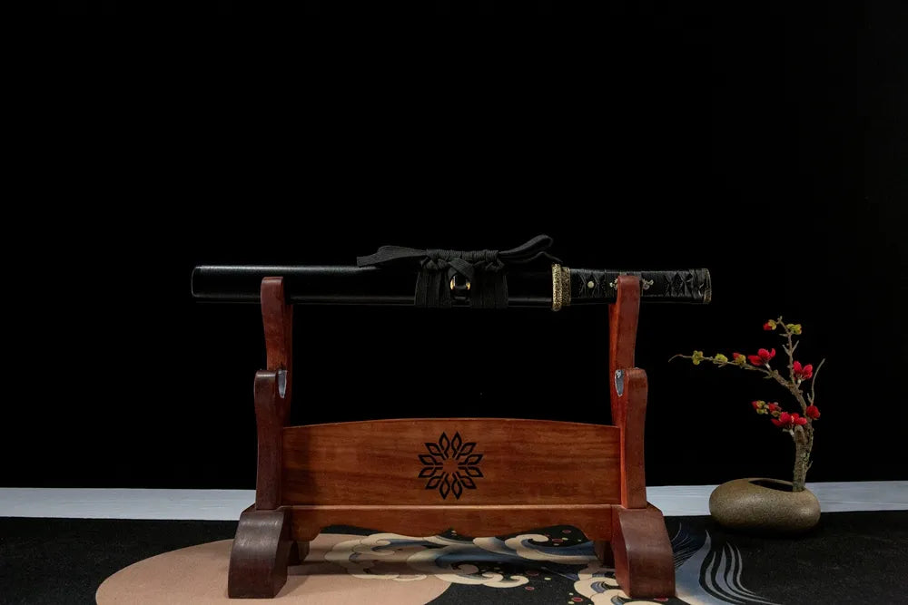 Unsheathed Acalanatha Tanto, T8 steel blade with Gunome hamon line