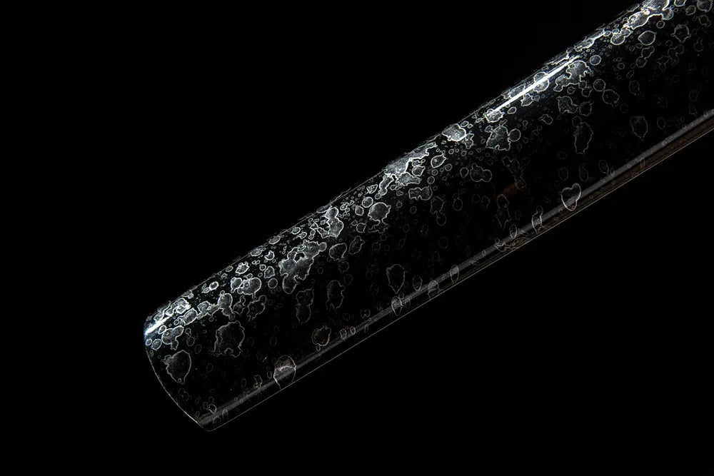 Azure Wind Katana saya lower section, lacquered hardwood scabbard end detail