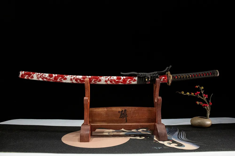 Flame Katana straight front view, luxury folded steel samurai sword gift set