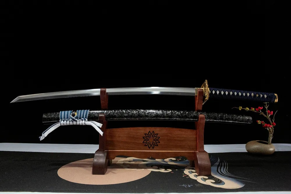 Unsheathed Azure Wind Katana, T10 steel blade with Suguha straight hamon