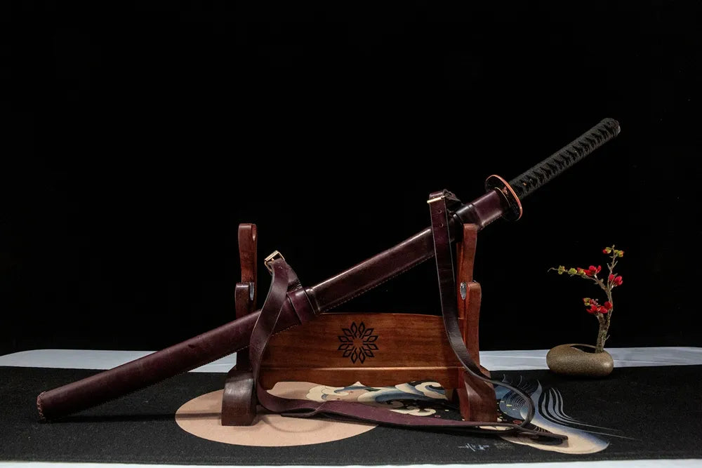 Valiant Phoenix Katana front angled view, genuine cowhide wrapped scabbard