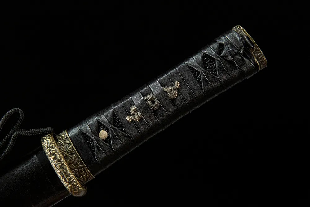 Acalanatha Tanto full handle, traditional wrapped grip with motif fittings