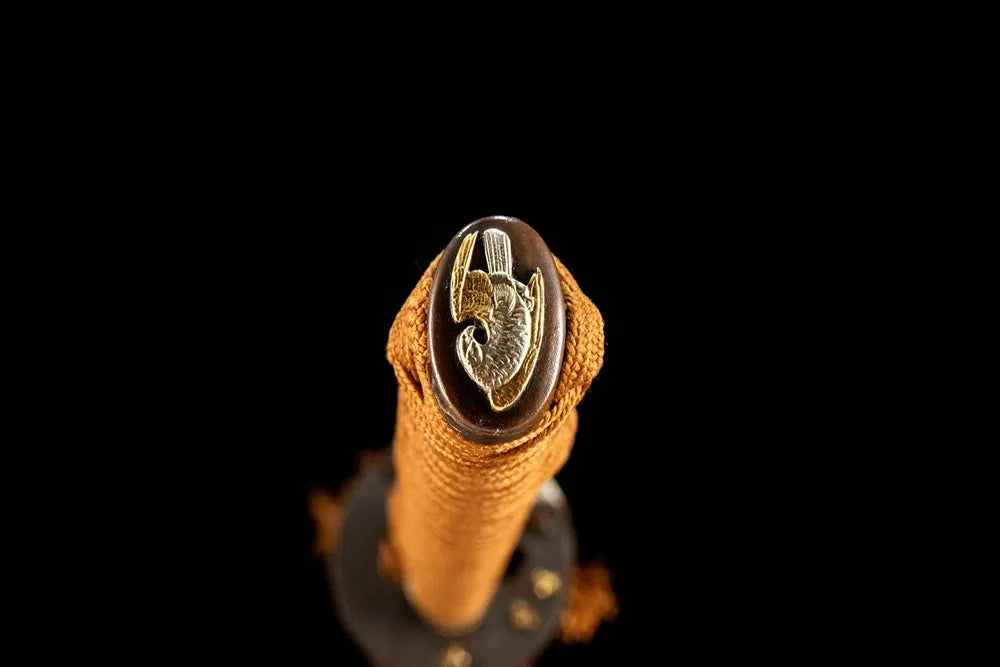 Wild Goose Katana kashira, copper gold-plated silver pommel cap detail
