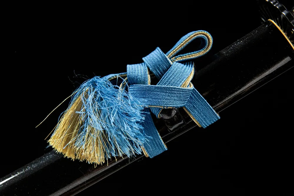 Black Edge Katana advanced Japanese style silk sageo cord closeup