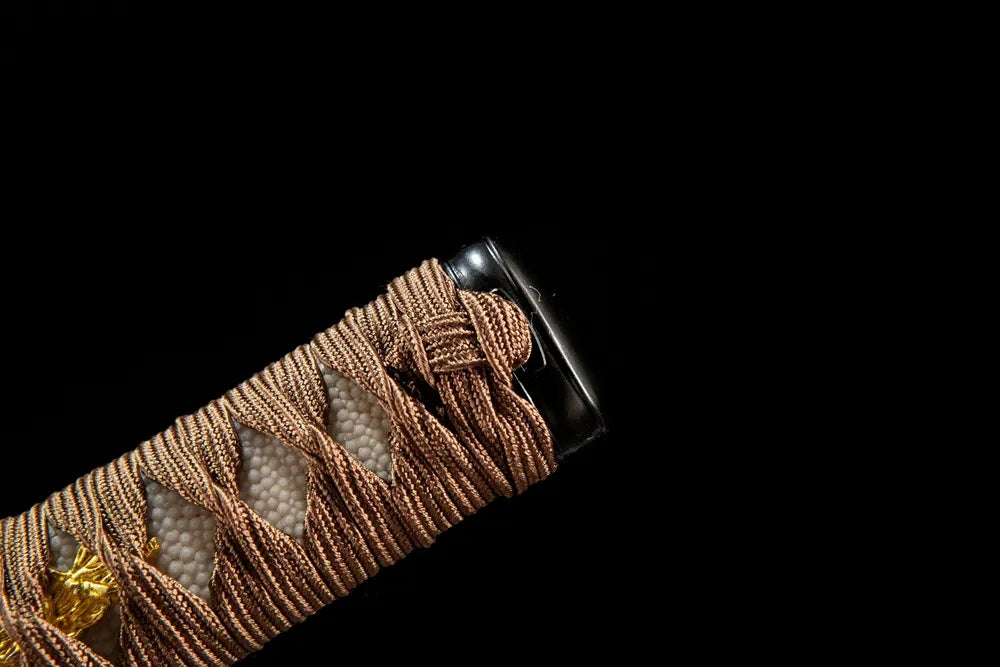 Night Wakizashi handle closeup, Moro-hineri-maki silk wrap texture