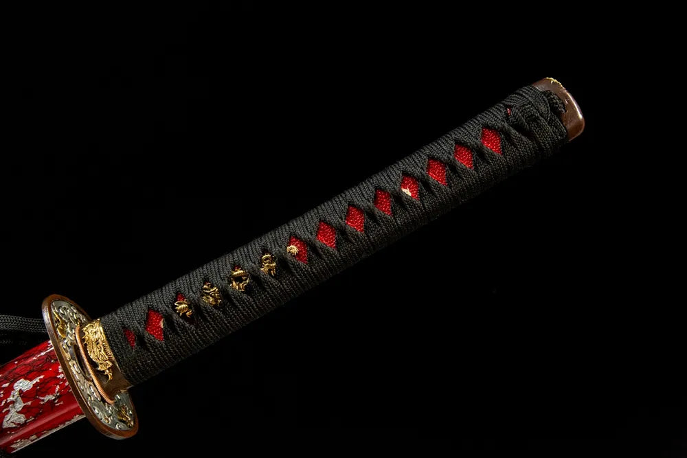 Flame Katana full handle, ray skin wrapped with Moro-hineri-maki silk