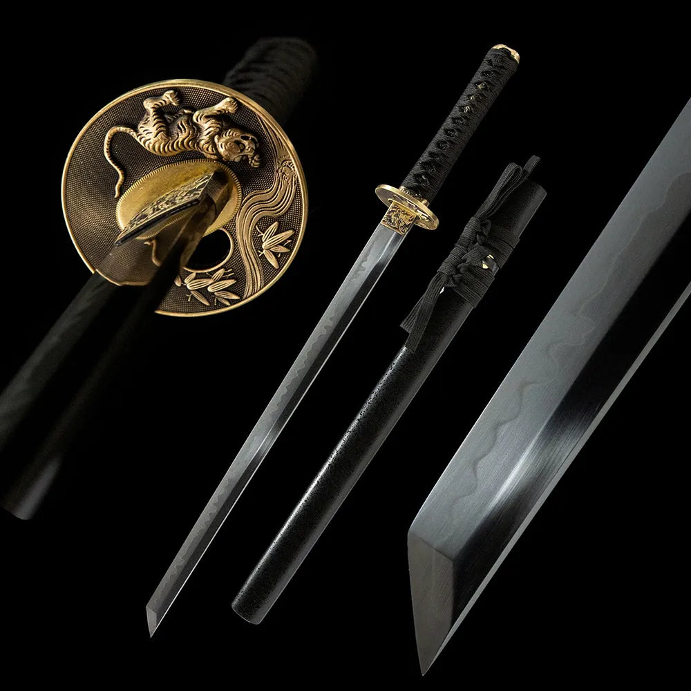 Black Ninja Wakizashi, T10 Gunome Hamon Full Solid Copper Stealth Short Wakizashi
