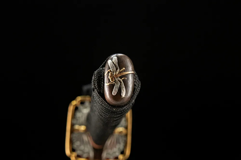 Butterfly Katana kashira, copper gilded silver pommel cap detail