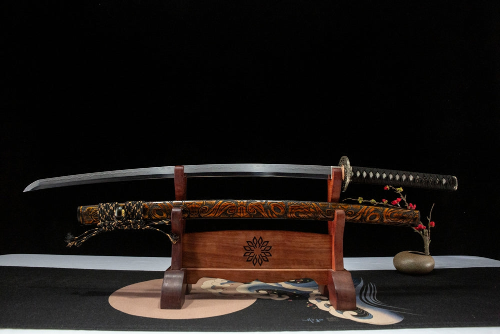 Unsheathed Wind and Cloud Katana, Uzi steel blade with Gonome hamon line