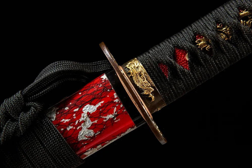 Flame Katana fuchi, copper gold-plated silver handle collar closeup