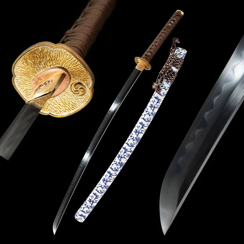 Blue White Porcelain Katana, T10 Tsuchioki Gunome Hamon Copper Fittings Blue And White Floral Painted Solid Wood Saya Disassemblable Katana
