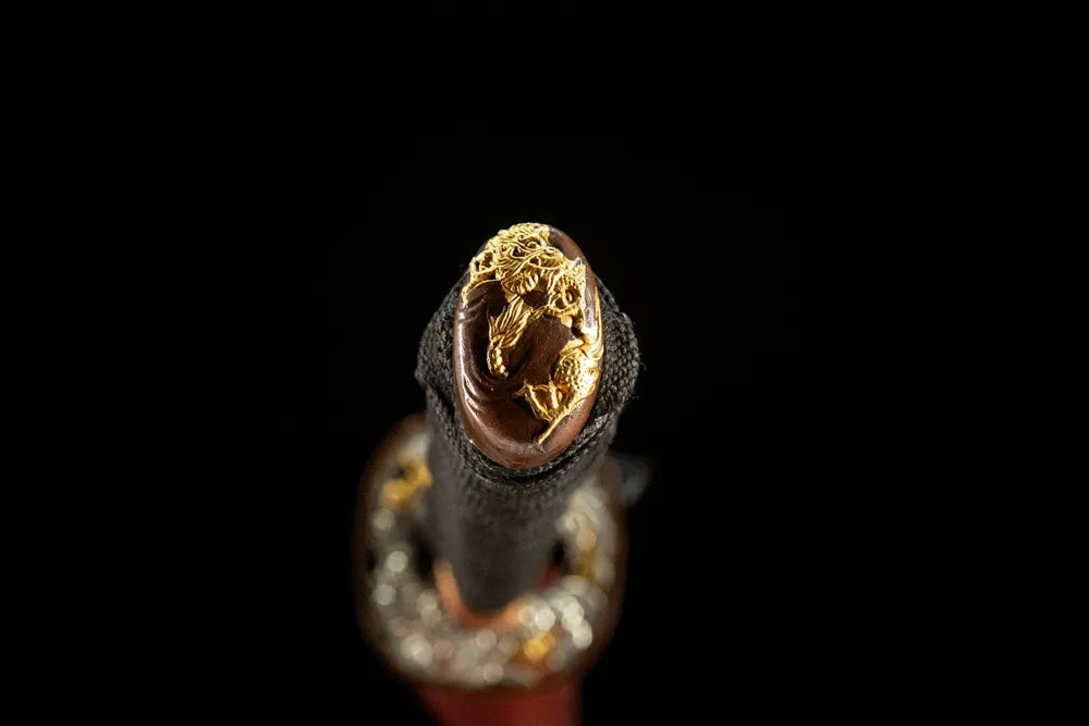 Flame Katana kashira, copper gold-plated silver pommel cap detail