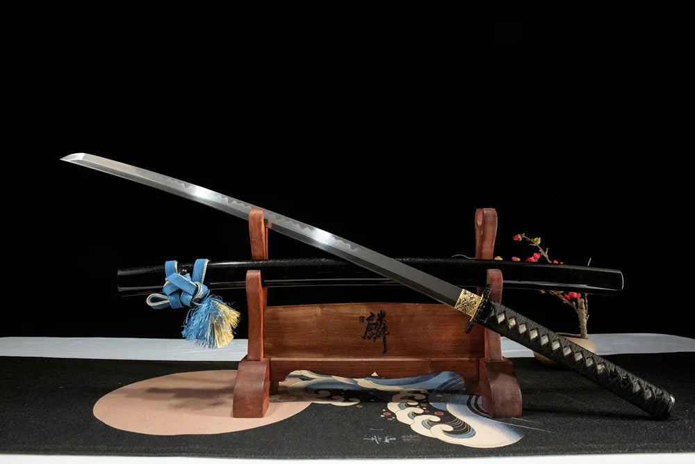 Black Edge Katana 45-degree view, fine ground clay tempered practice sword