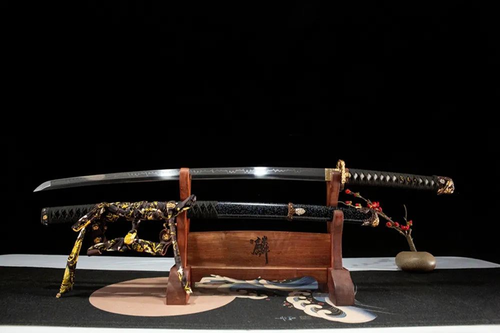Unsheathed Lion King Tachi, T10 steel blade with Gunome hamon temper line