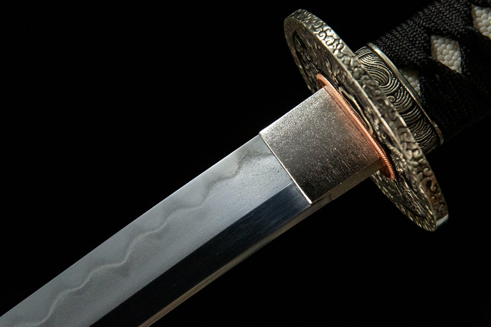 Wind and Cloud Katana upper blade detail, Gonome hamon near tsuba Uzi steel