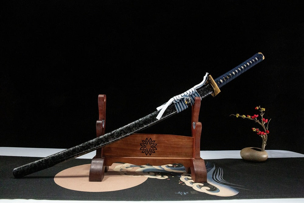 Azure Wind Katana front angled view, high gloss lacquered hardwood saya