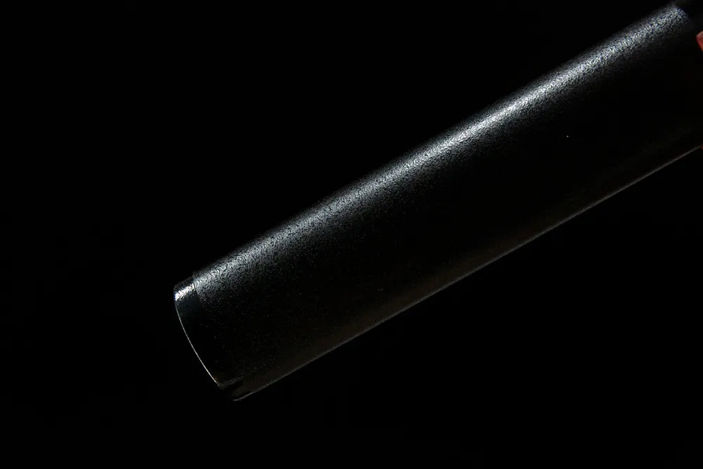 Acalanatha Tanto saya lower section, lacquered wood scabbard end detail