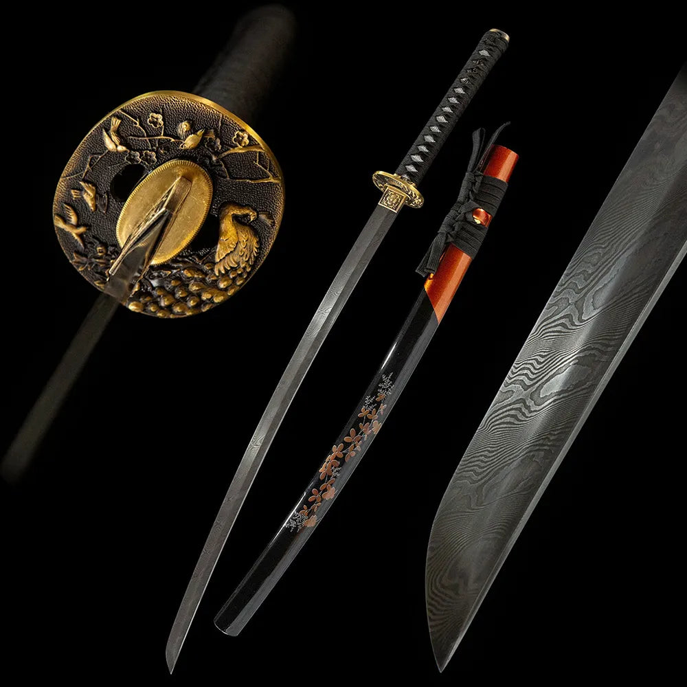 Plum Blossom Katana, Water Quenched Folded Pattern Steel Shinogizuki Plum Bird Copper Fittings Fake Ray Solid Wood Saya Disassemblable Katana