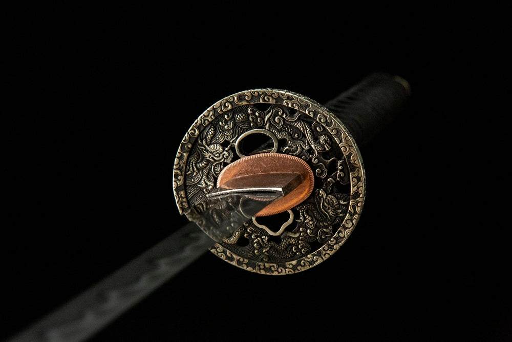 Wind and Cloud Katana tsuba front view, antique white copper cloud hand guard