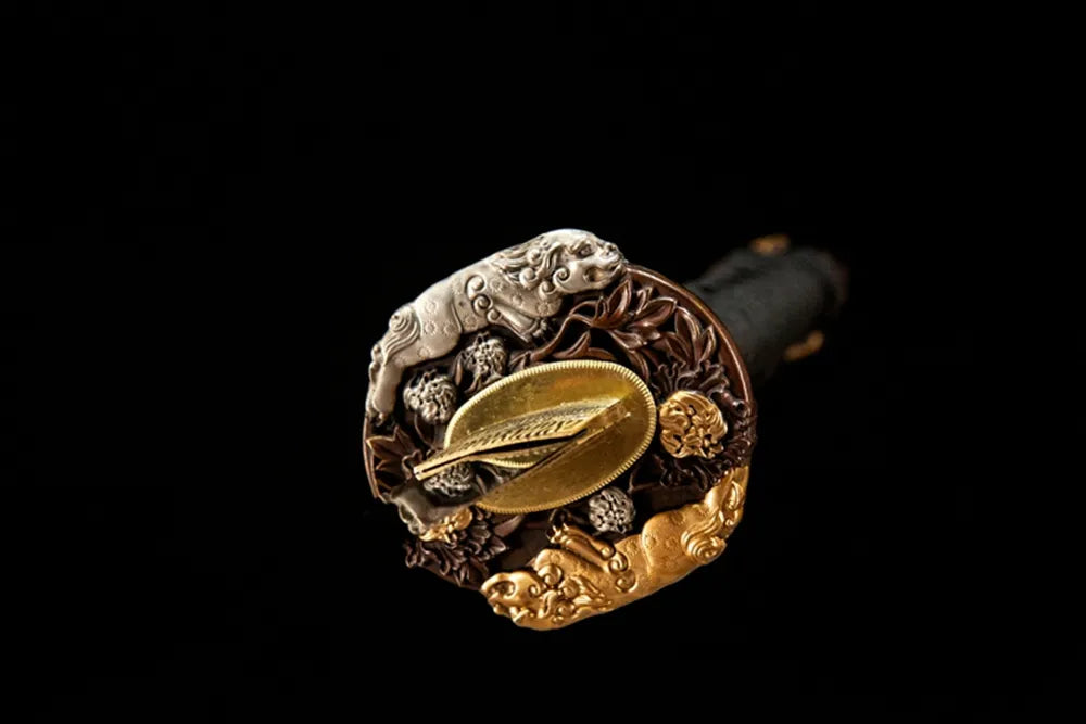 Lion King Tachi tsuba front view, copper gilded silver hand guard