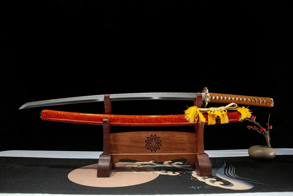 Unsheathed Flaring Fire Katana, T10 steel blade with natural Gunome hamon line