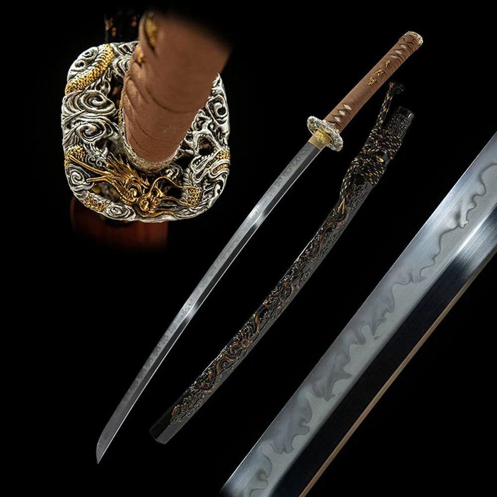Emperor Dragon Katana, T10 clay tempered maru fake yokote gold silver plated copper dragon samurai sword
