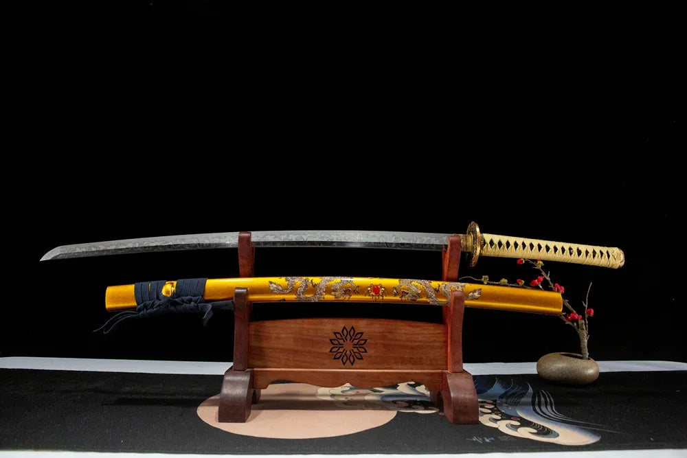 Unsheathed Double Dragon horizontal shot T10 hitatsura cloud hamon maru polished blade