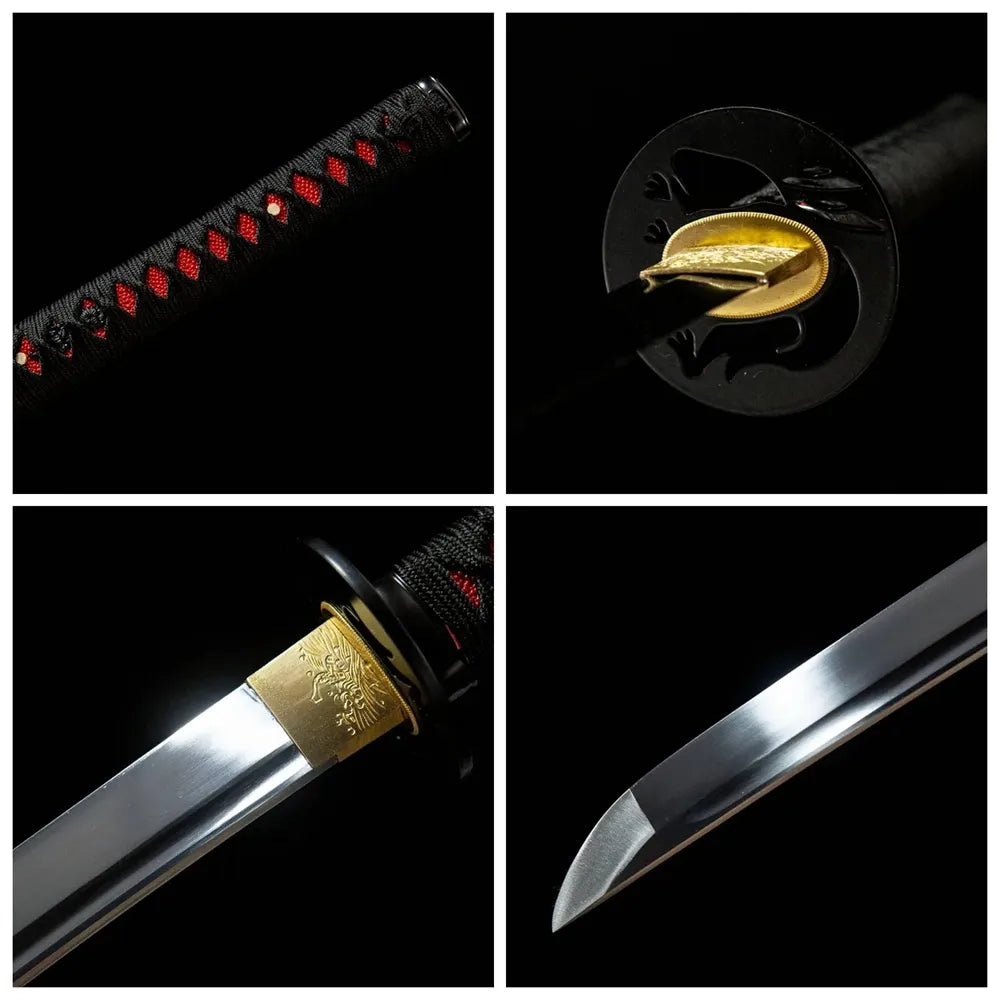 4-grid detail collage Magic Rabbit 1060 blade iron tsuba imitation ray skin tsuka baking paint saya