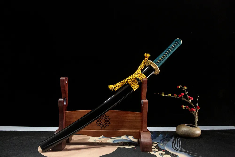 45-degree front view Holy Spirit Wakizashi sheathed solid wood paint saya coarse cotton sageo