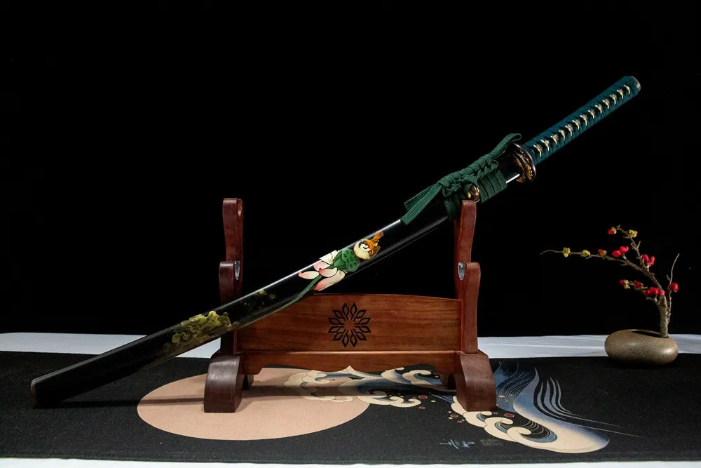 Lotus Heart Katana front 45-degree view, hand drawn lacquer scabbard ox horn fittings