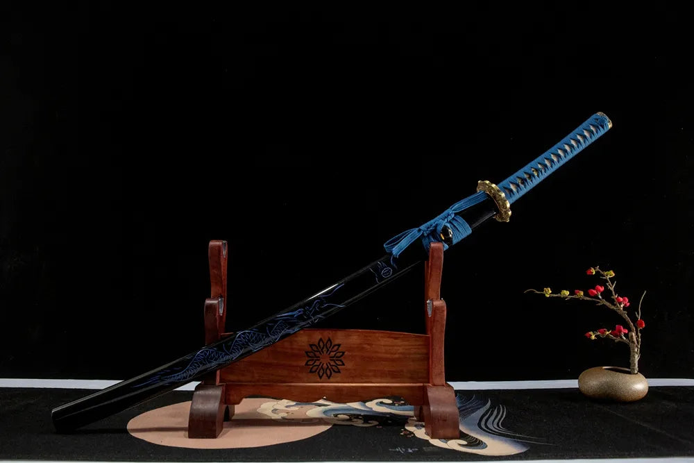 45-degree front view Buddha Lotus Katana sheathed solid wood paint saya plain cotton sageo