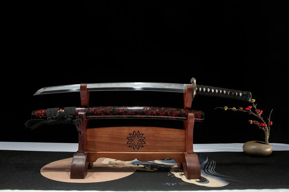 Unsheathed Red Tiger Wakizashi, T10 steel blade with Gunome wave hamon line