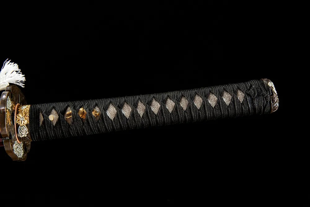 Full tsuka front view genuine ray skin gold silver plated copper fuchi kashira