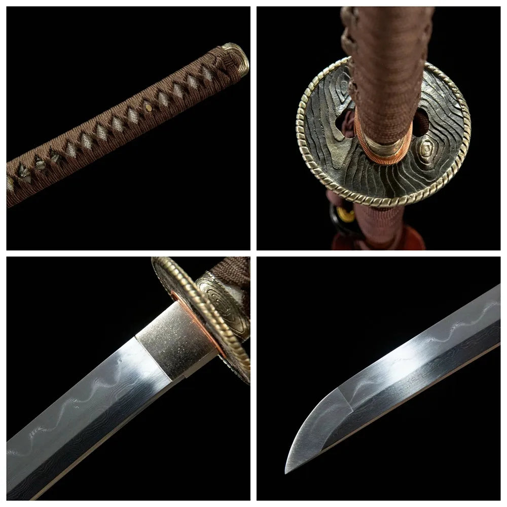 4-grid detail collage of Time Katana blade, handle, tsuba and lacquer saya
