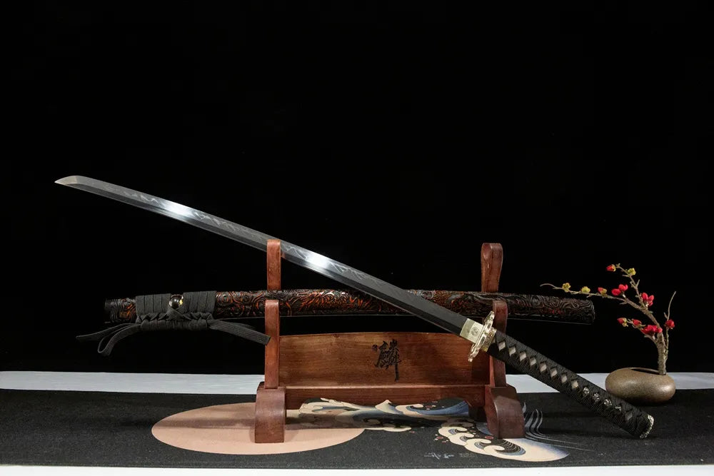 45° unsheathed front view The Firmament Tachi, fully sharpened plain uncarved maru blade no blood groove