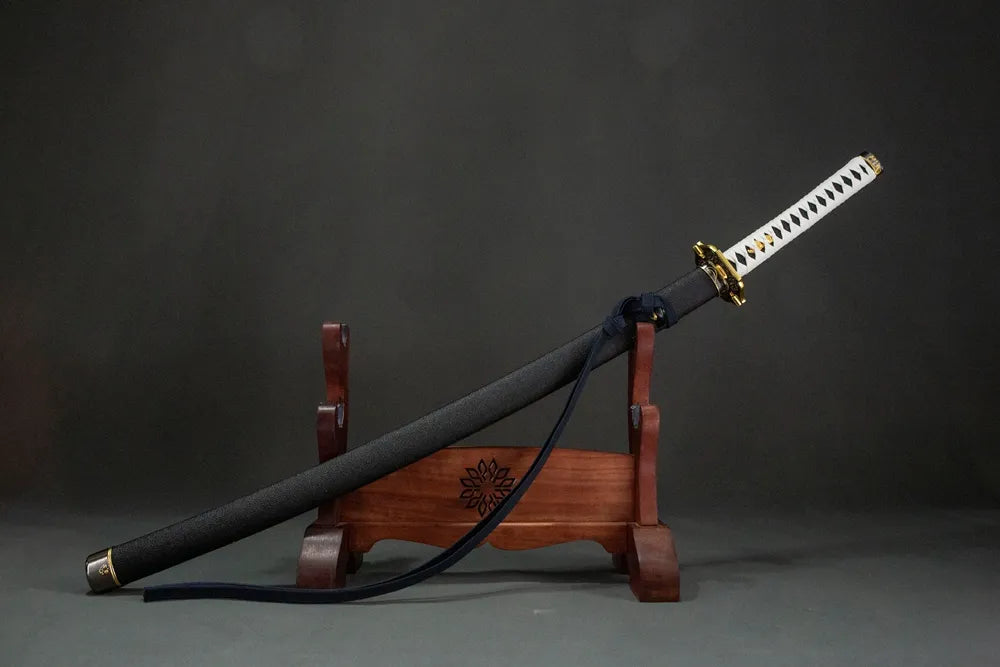 45-degree front view Yamato Katana sheathed full alloy koiguchi kojiri plain PU wrapped scabbard