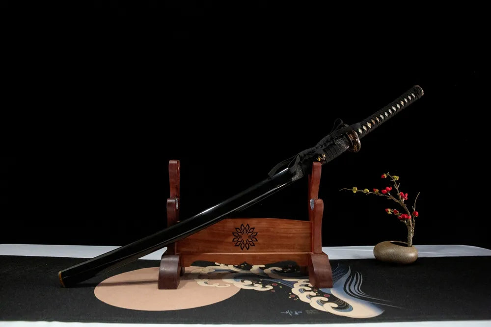 45-degree front view of Red-Crowned Crane Katana sheathed, gold silver crane copper hardware solid wood lacquer saya