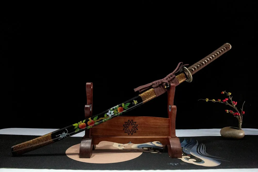 Peach Mountain Katana front 45-degree view, lacquered solid wood scabbard