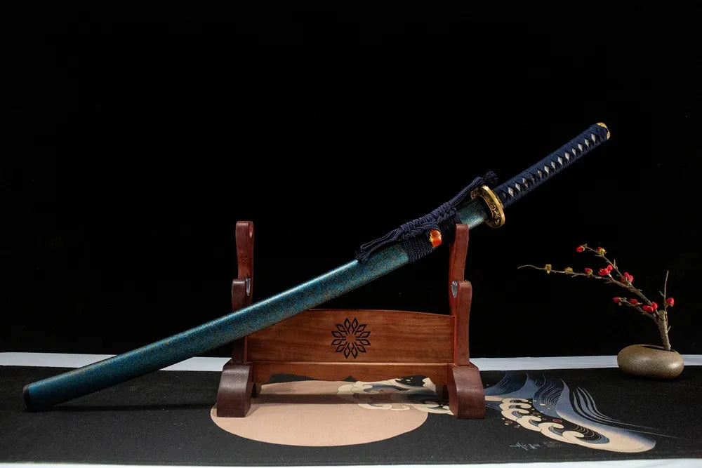 45-degree front view Gold and Sand Katana sheathed solid wood paint saya cotton sageo