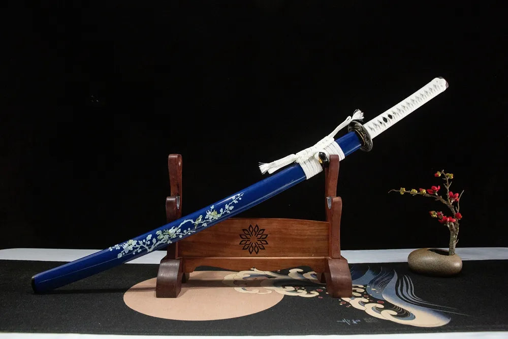 45-degree front view Snow Prunus Mume Katana sheathed, hollow sparrow bird alloy tsuba glossy blue plum flower scabbard