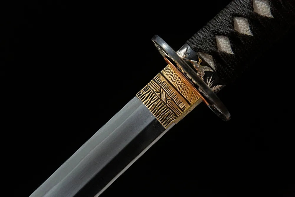 Upper blade closeup Dancing Crane neat suguha hamon near pure copper engraved habaki real yokote