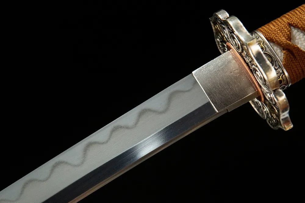  Flaring Fire Katana upper blade closeup, Gunome hamon near copper habaki real yokote
