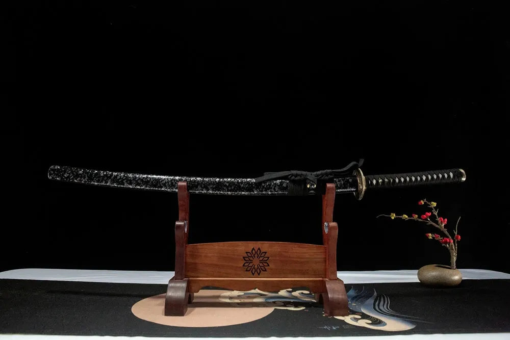 Time Katana front horizontal view, white copper tsuba folding steel katana