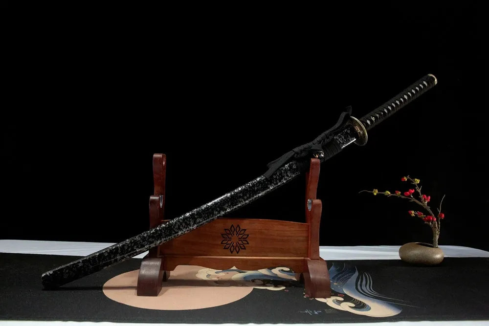 Time Katana front 45-degree view, solid hardwood lacquered scabbard