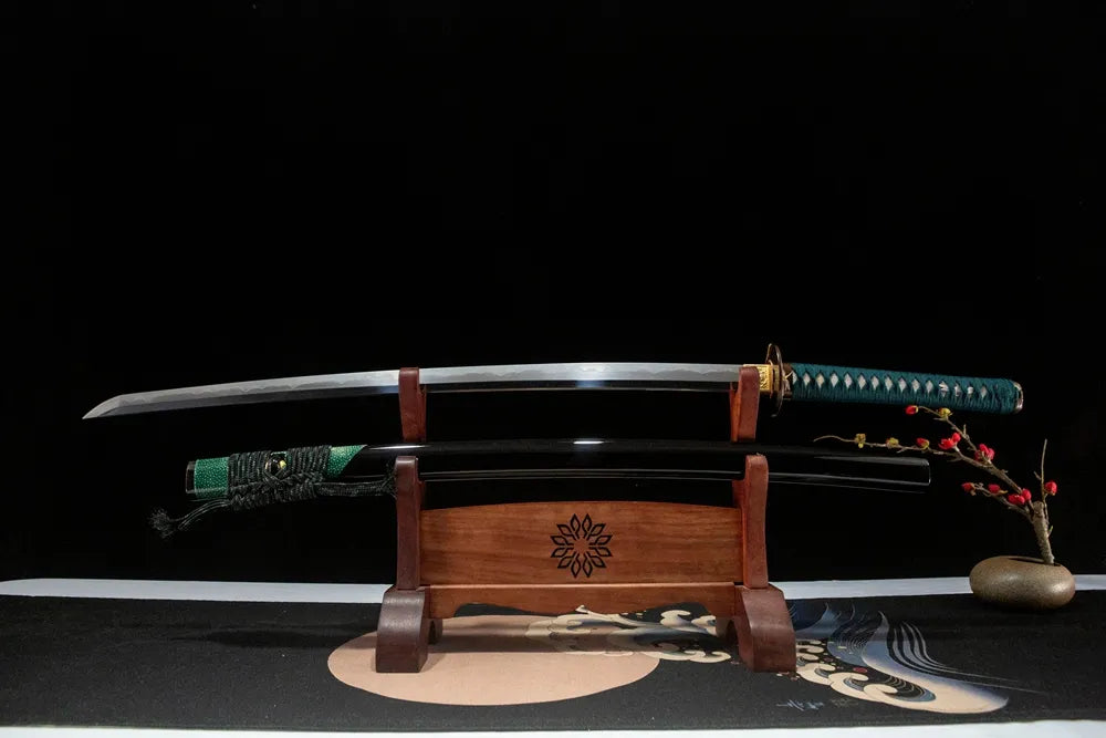 Unsheathed Gale horizontal shot kobuse laminated T10 gunome hamon shiage polished blade