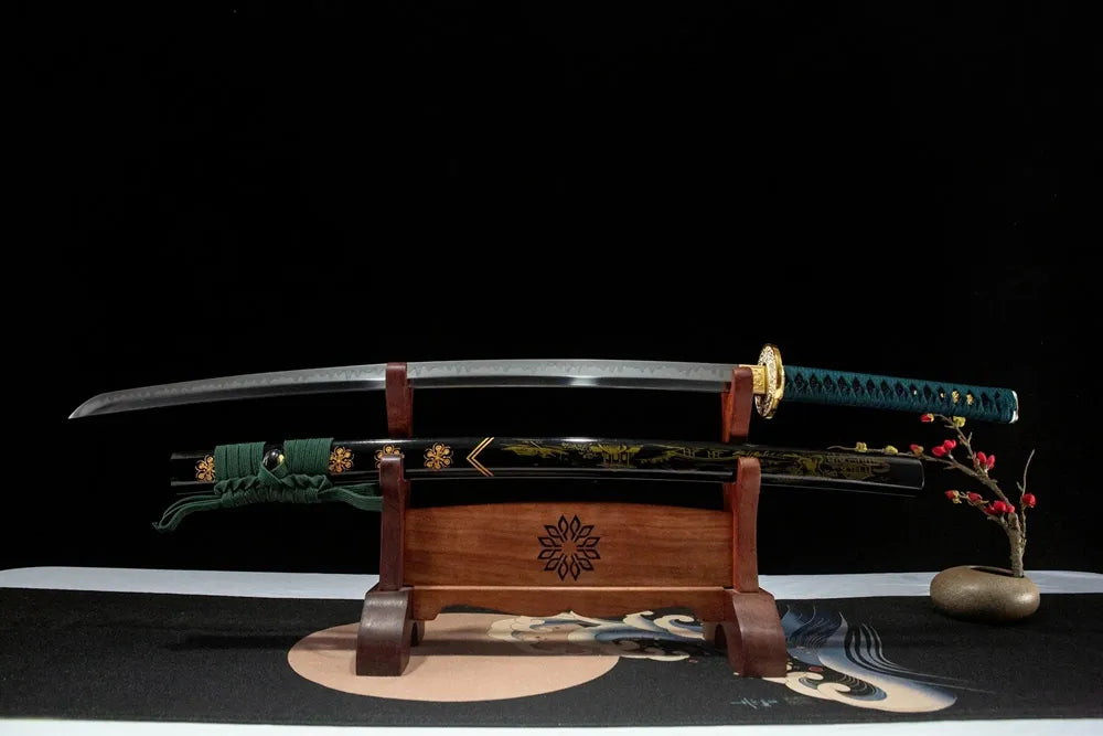 Unsheathed Green Shade Katana, T10 steel blade with Gunome wave hamon line