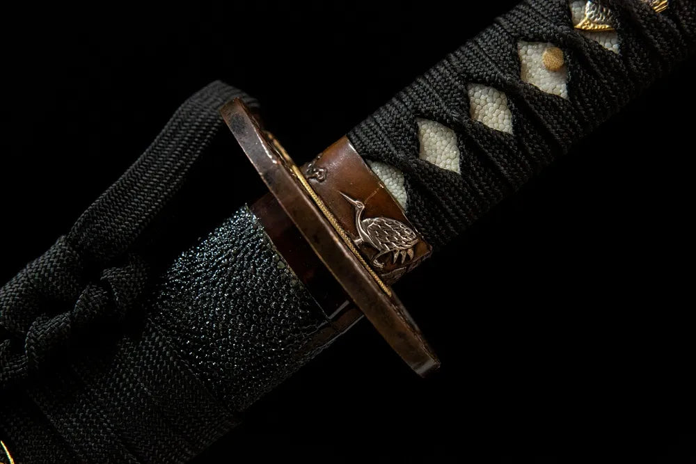 Fuchi collar closeup Red-Crowned Crane Katana, solid copper gold silver plated crane pattern