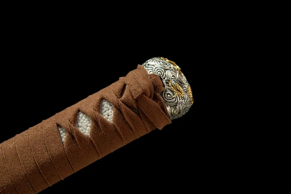 Upper tsuka closeup Emperor Dragon moro-hineri cotton silk wrap texture