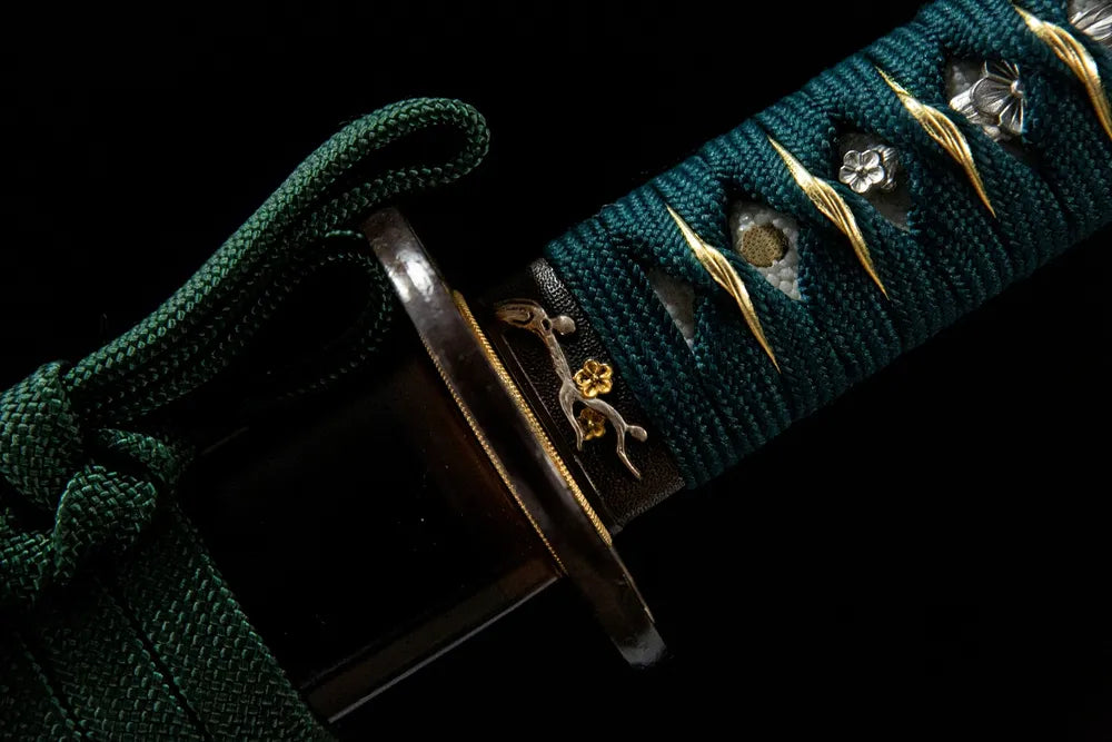 Lotus Heart Katana fuchi, gold silver plated copper handle collar lotus motif